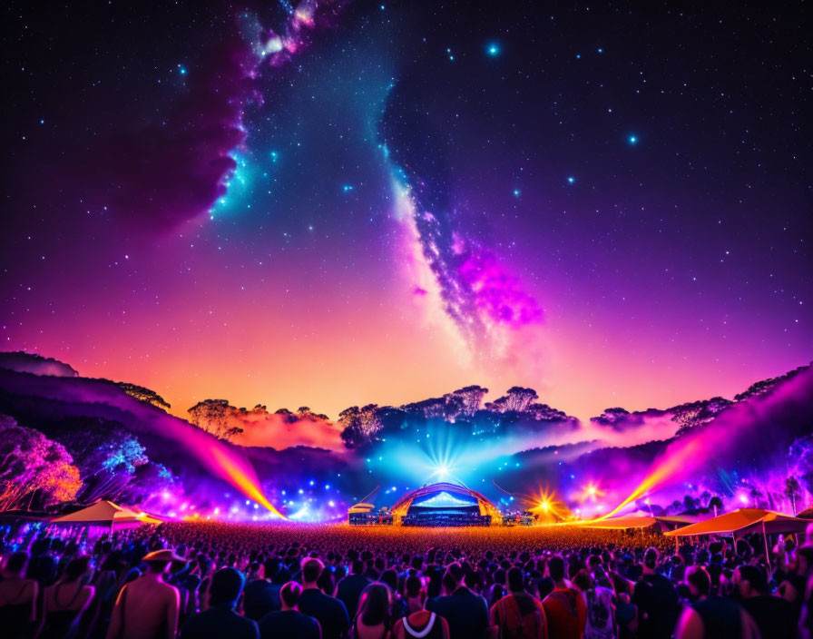 Colorful outdoor concert under starry sky with purple and pink hues.