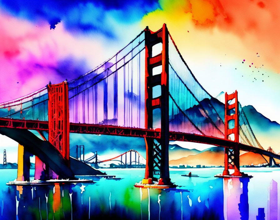 Colorful Watercolor Painting of Golden Gate Bridge at Sunset