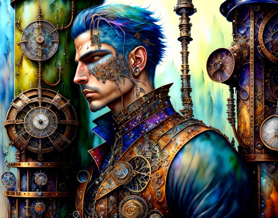 Male figure in vibrant steampunk artwork with mechanical details and blue-orange color scheme