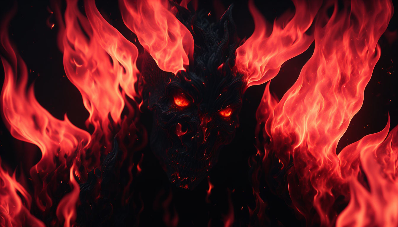 Fiery demon with glowing red eyes in swirling flames