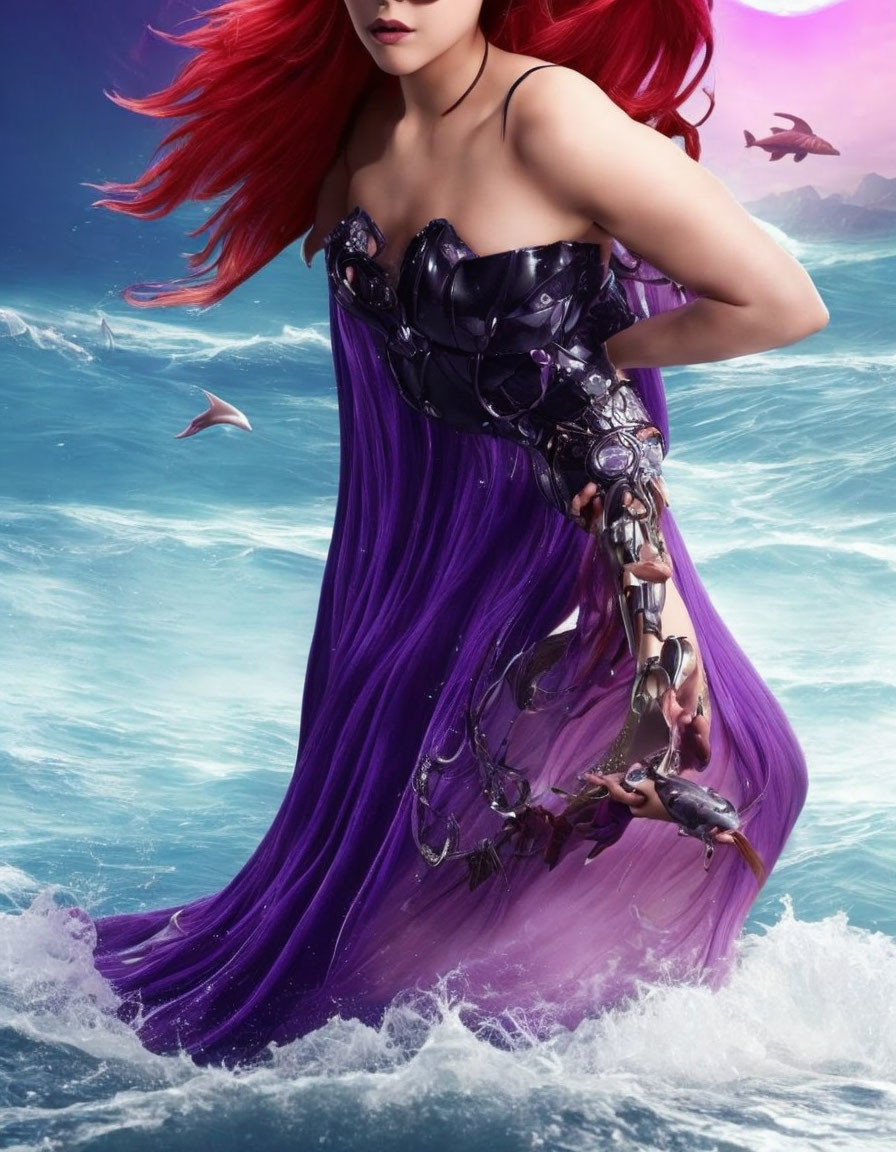 Red-haired woman in purple dress among waves with robotic elements