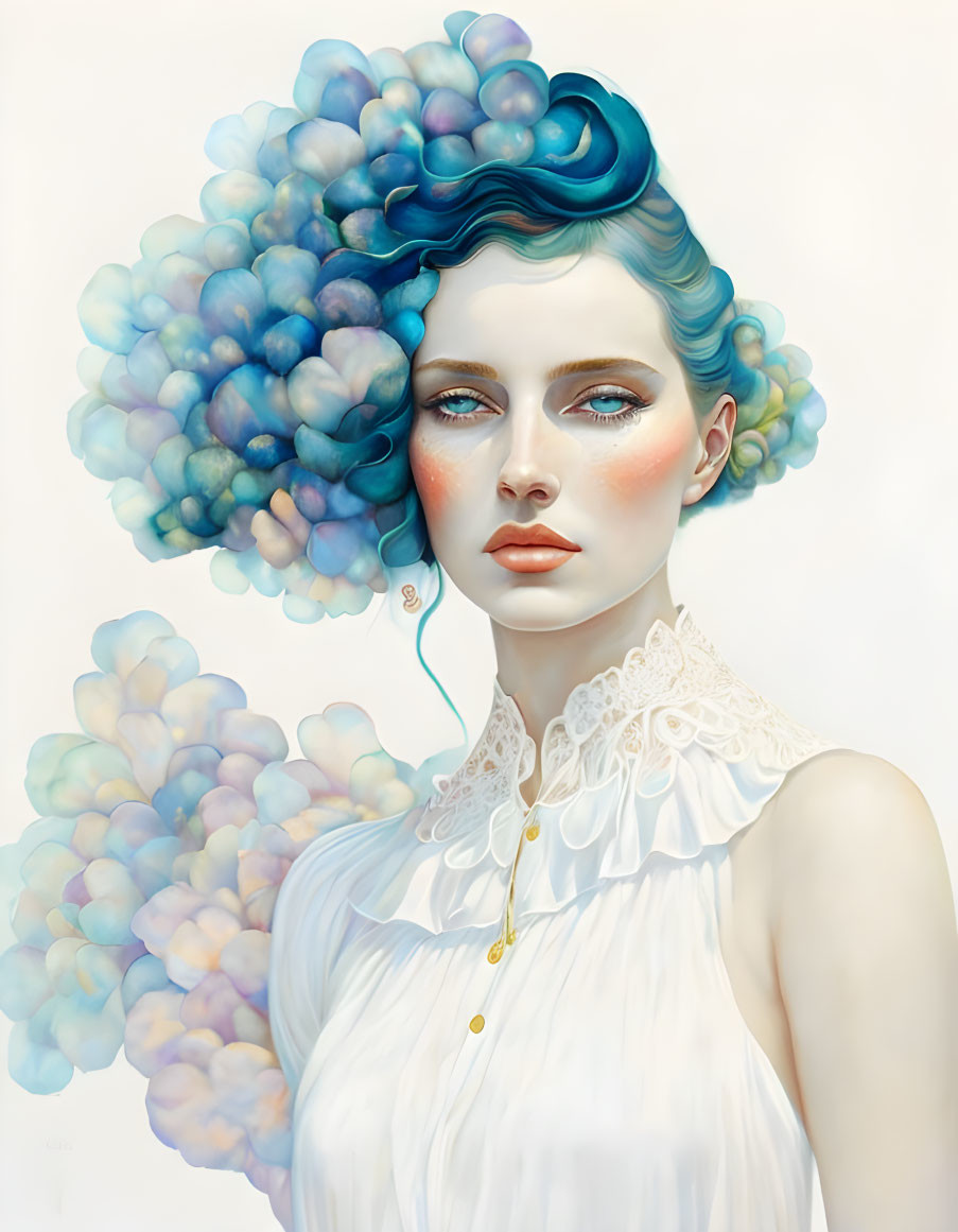 Surreal portrait of a woman with voluminous blue hair and delicate balloons