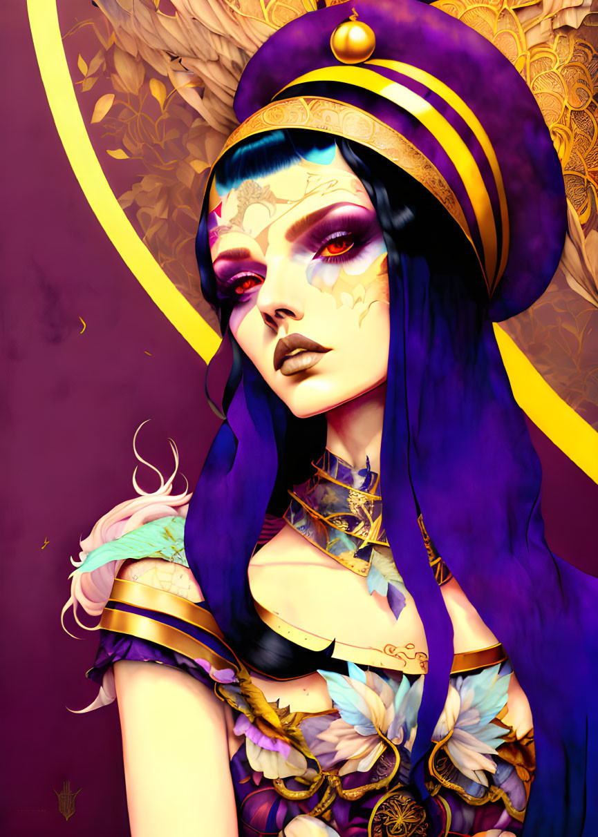 Digital artwork of a woman with purple hair and regal attire on a golden background