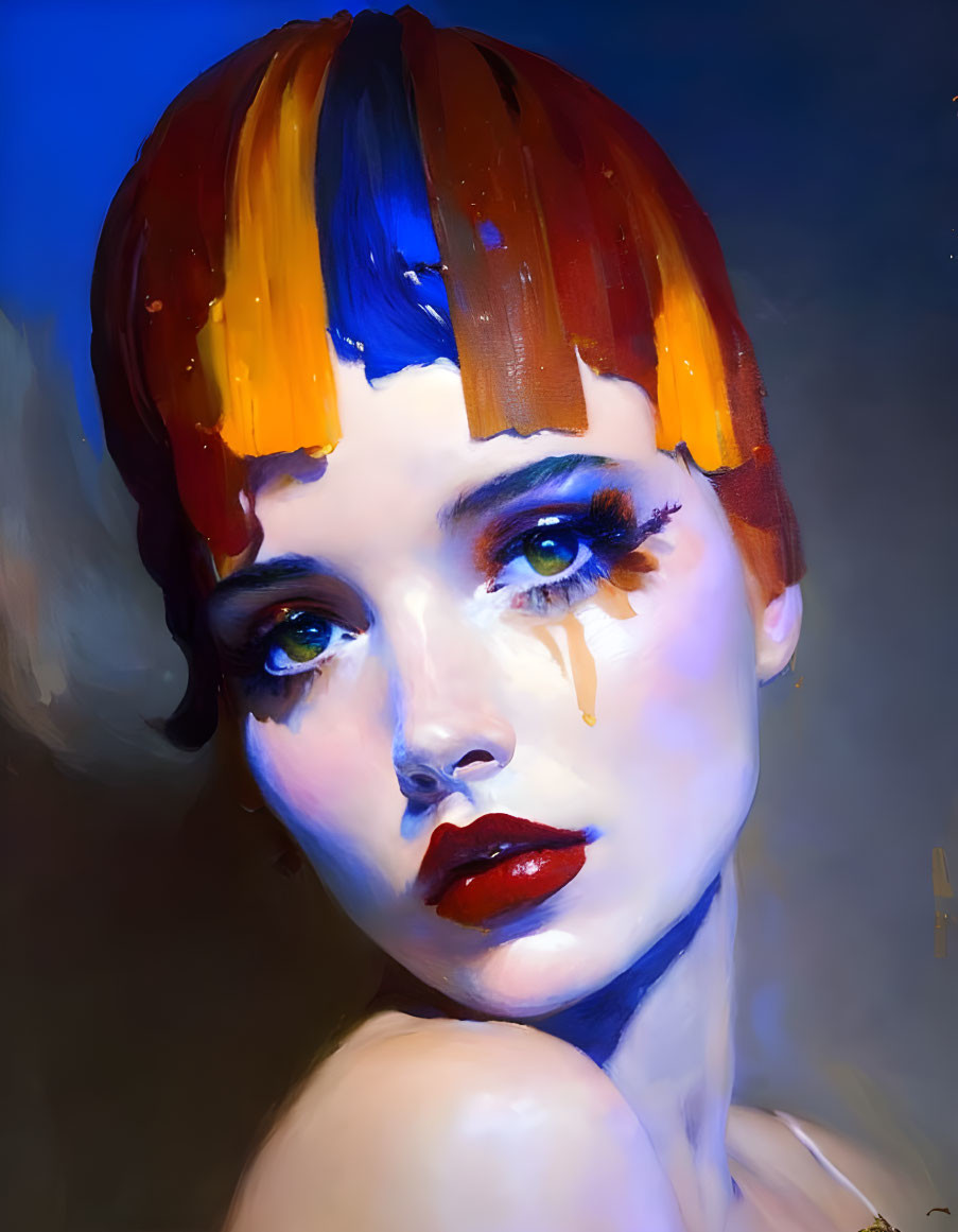 Vibrant Portrait of Woman with Multispectral Hair & Teary Eyes