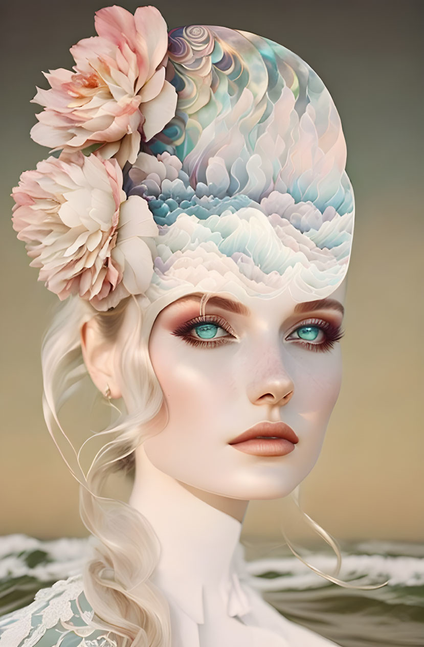 Surreal portrait of woman with shell-like structure and flowers on head