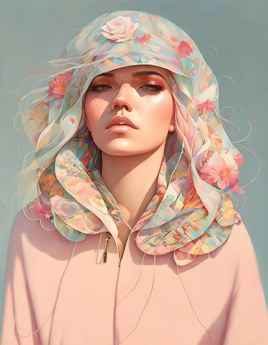 Detailed Digital Portrait of Woman in Floral Headscarf and Pink Sweater