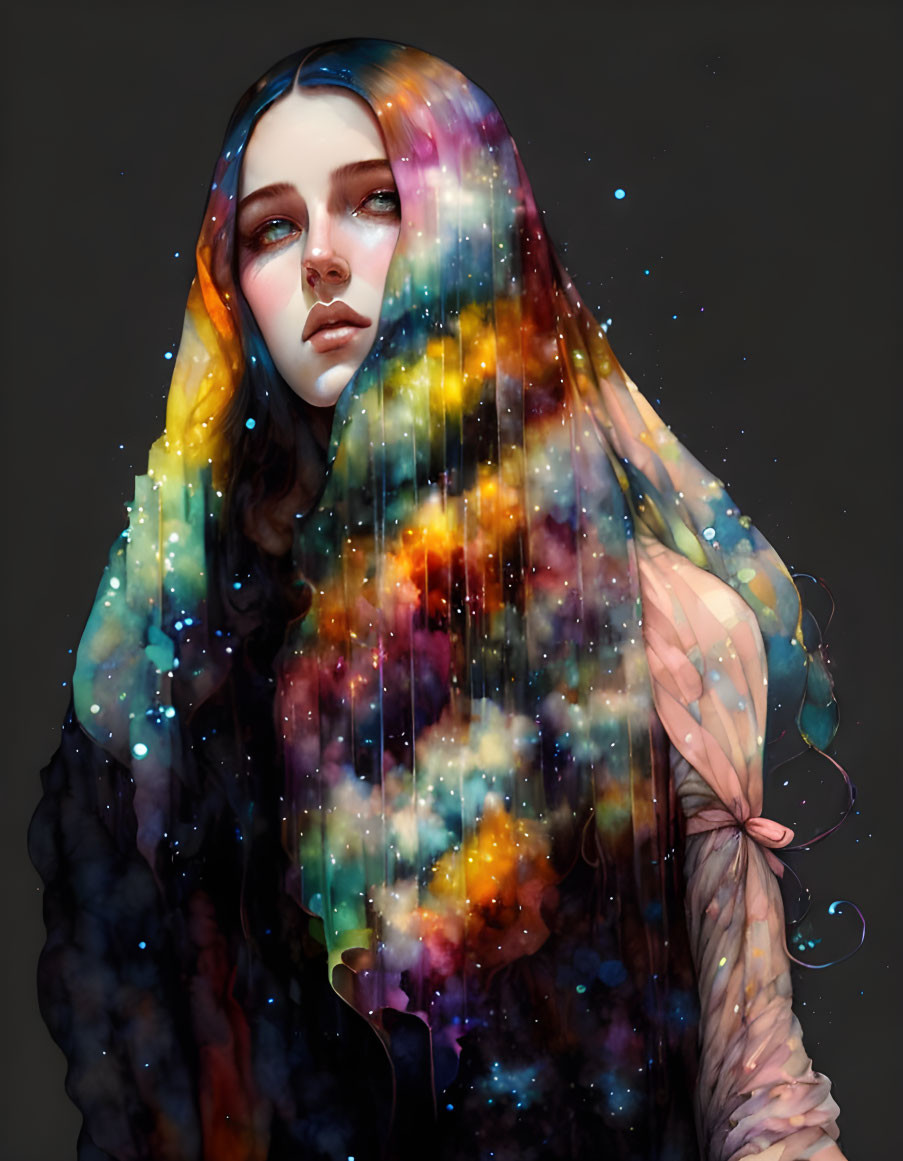 Colorful Galaxy-Inspired Woman Portrait with Nebula Hair