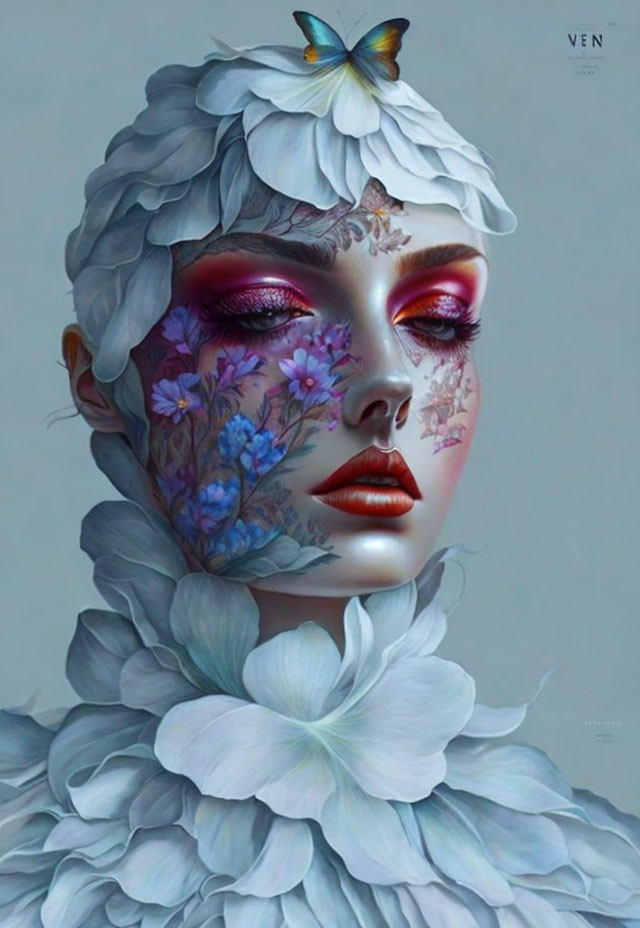 Surreal portrait of a woman with floral and butterfly elements