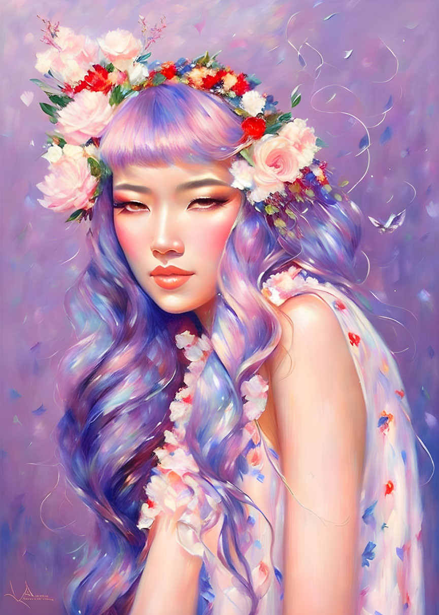 Woman with Purple Hair and Floral Crown in Soft Pastel Colors