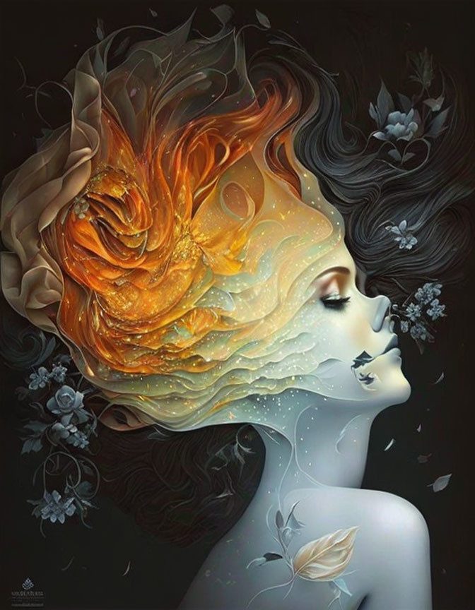 Surreal portrait blending woman's profile with fiery orange hair and nature elements