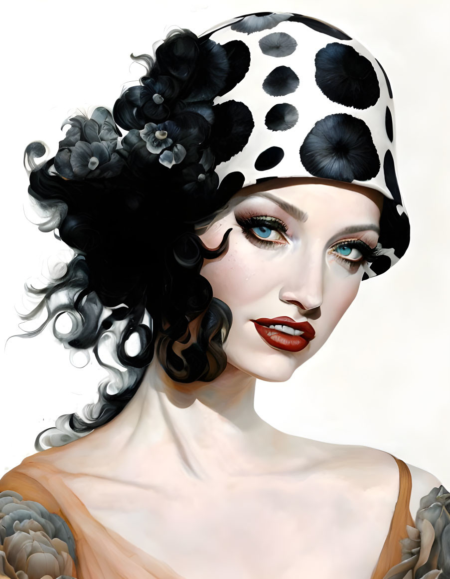 Illustrated portrait of woman with polka-dotted hat, curly black hair, blue eyes, bold