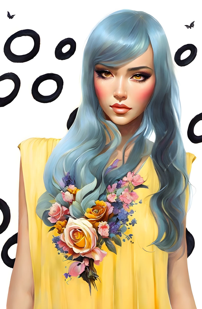 Person with Blue Hair in Yellow Top Surrounded by Flowers and Butterflies