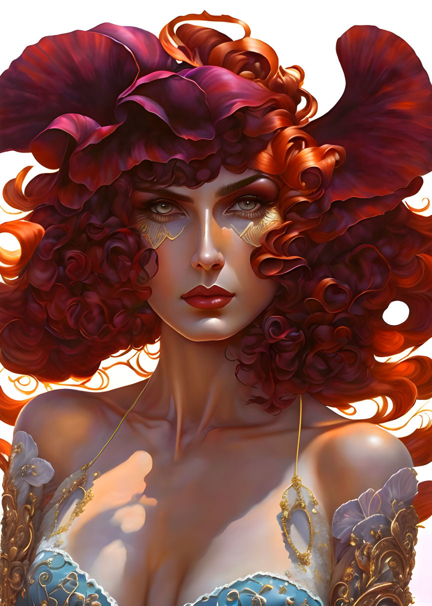 Digital Artwork: Woman with Red Curly Hair and Purple Flower Hat