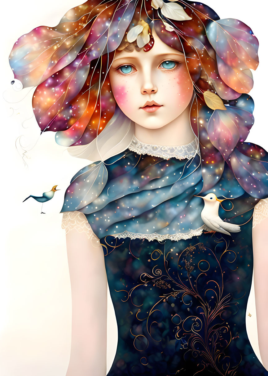 Fantasy illustration: Galaxy hair, floral crown, translucent scarf, golden dress, birds.