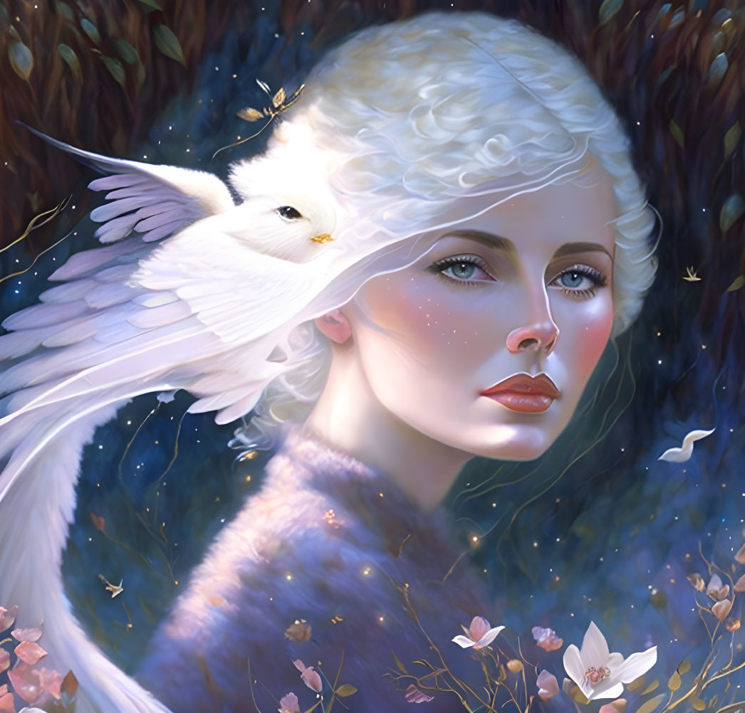 White-Haired Woman with Dove Surrounded by Night Blooms and Fireflies