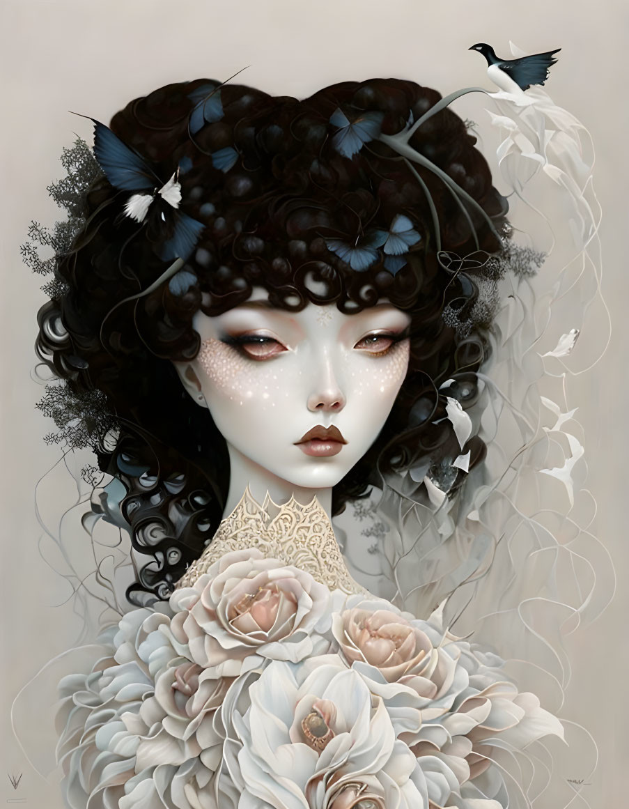 Surreal portrait of woman with pale skin and birds in dark curly hair