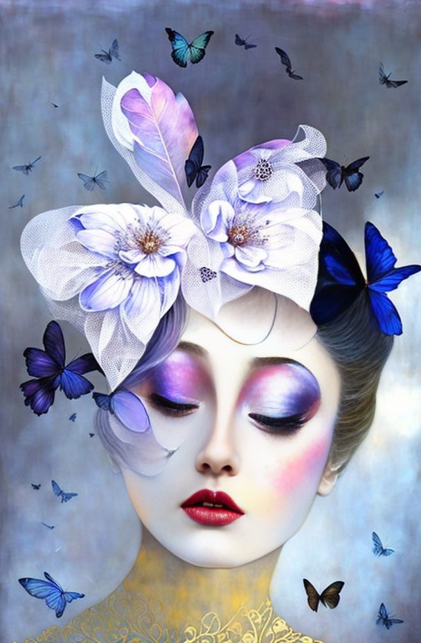 Woman with artistic makeup and floral hair surrounded by butterflies on blue background