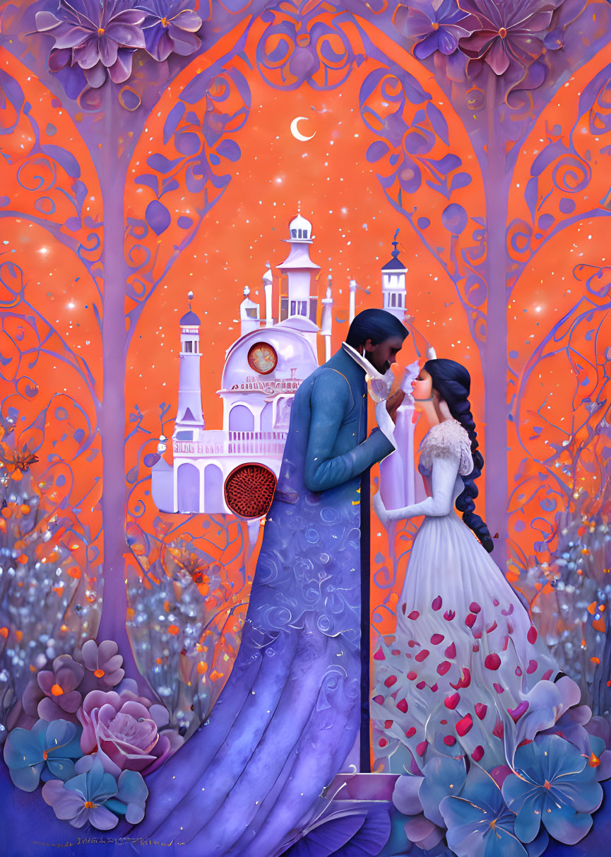 Stylized illustration of couple in formal attire with whimsical purple arches and castle.