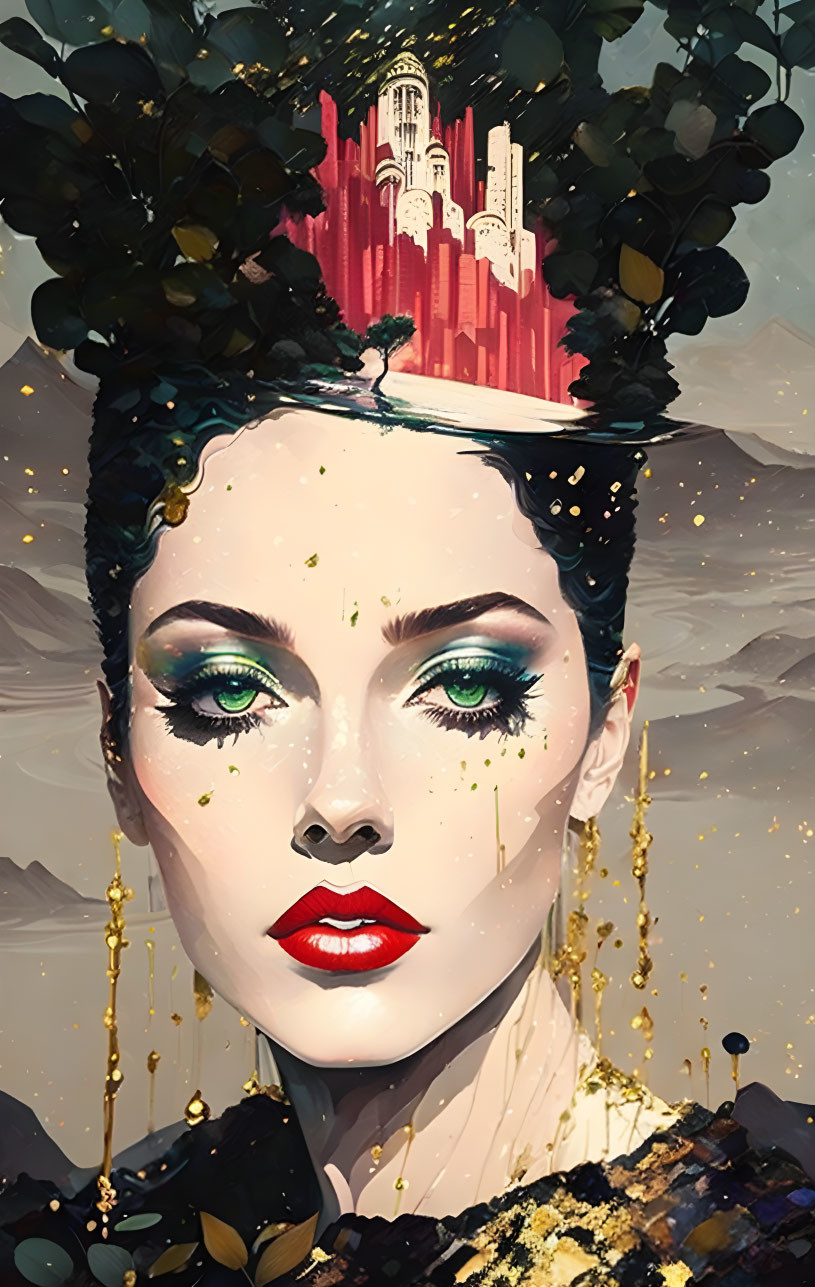 Surreal portrait of woman with green eyes and red lipstick against abstract landscape