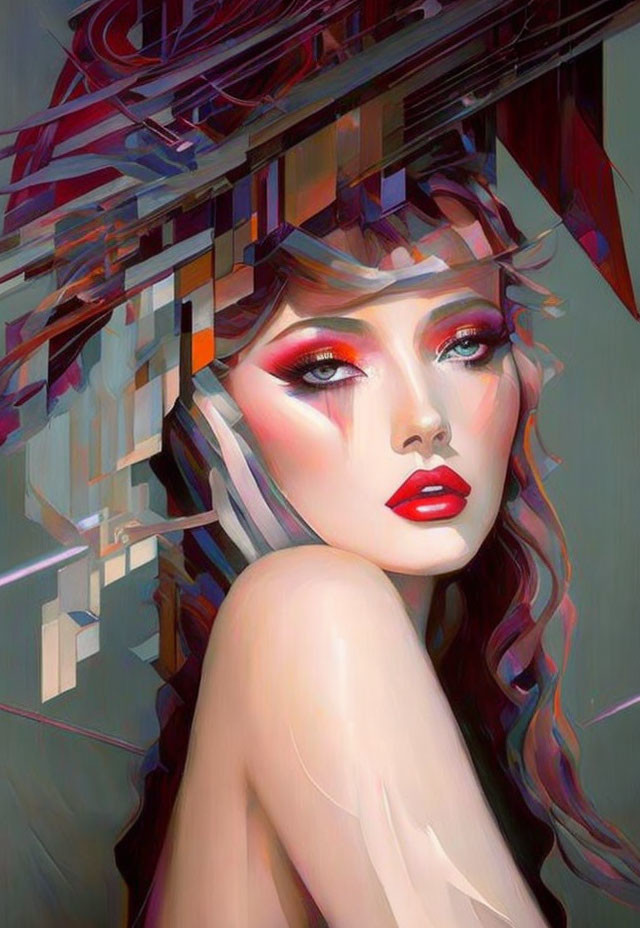 Vibrant digital artwork woman with red lipstick and geometric elements