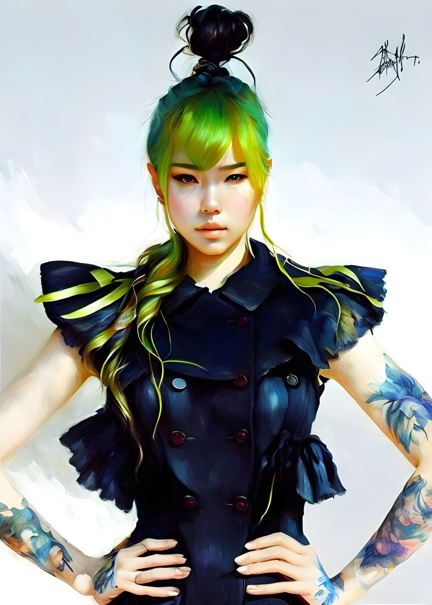 Digital Artwork: Person with Green Hair in Bun & Stylish Dark Jacket