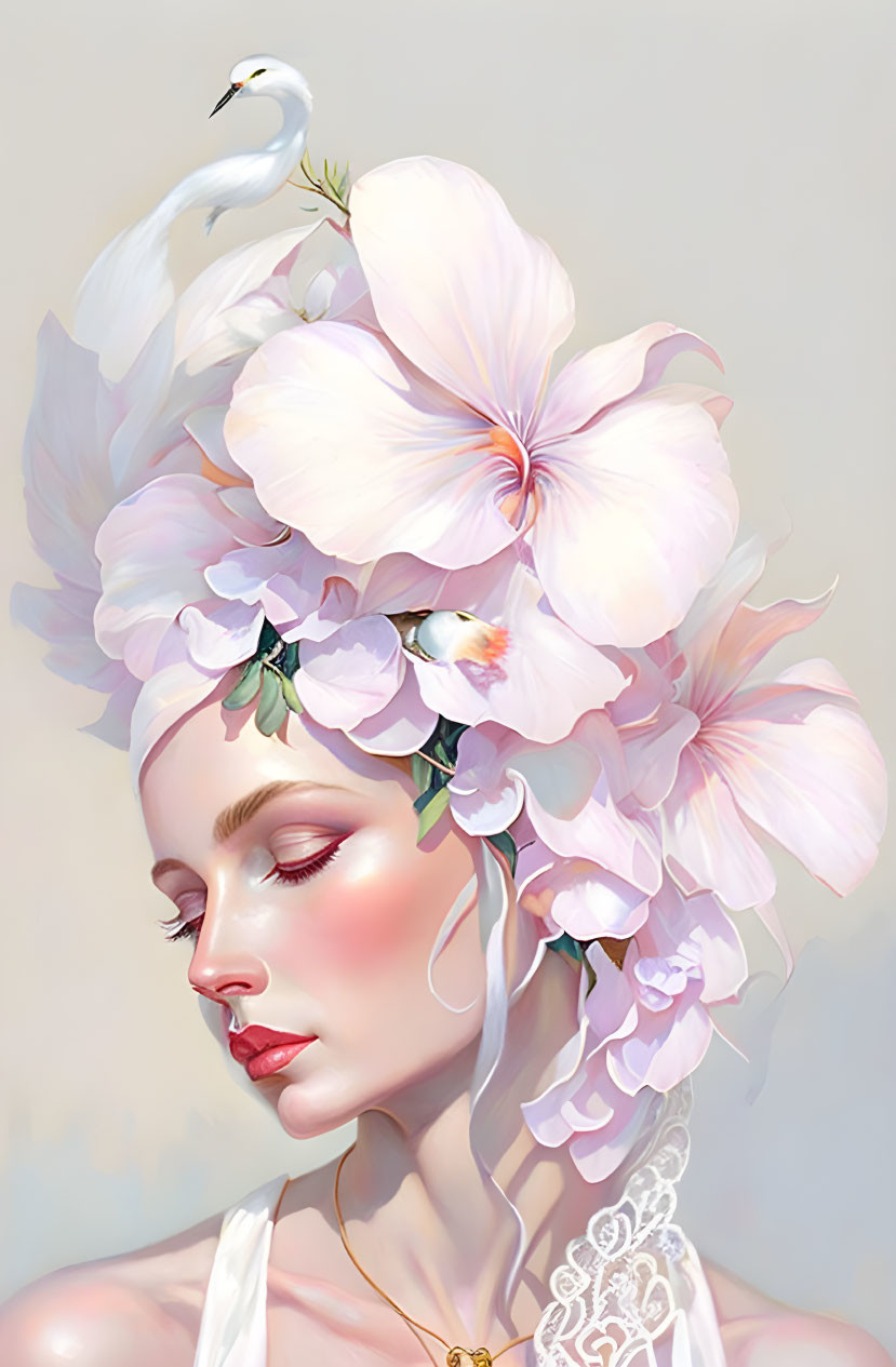 Illustrated portrait of woman with pink flowers and white bird on head