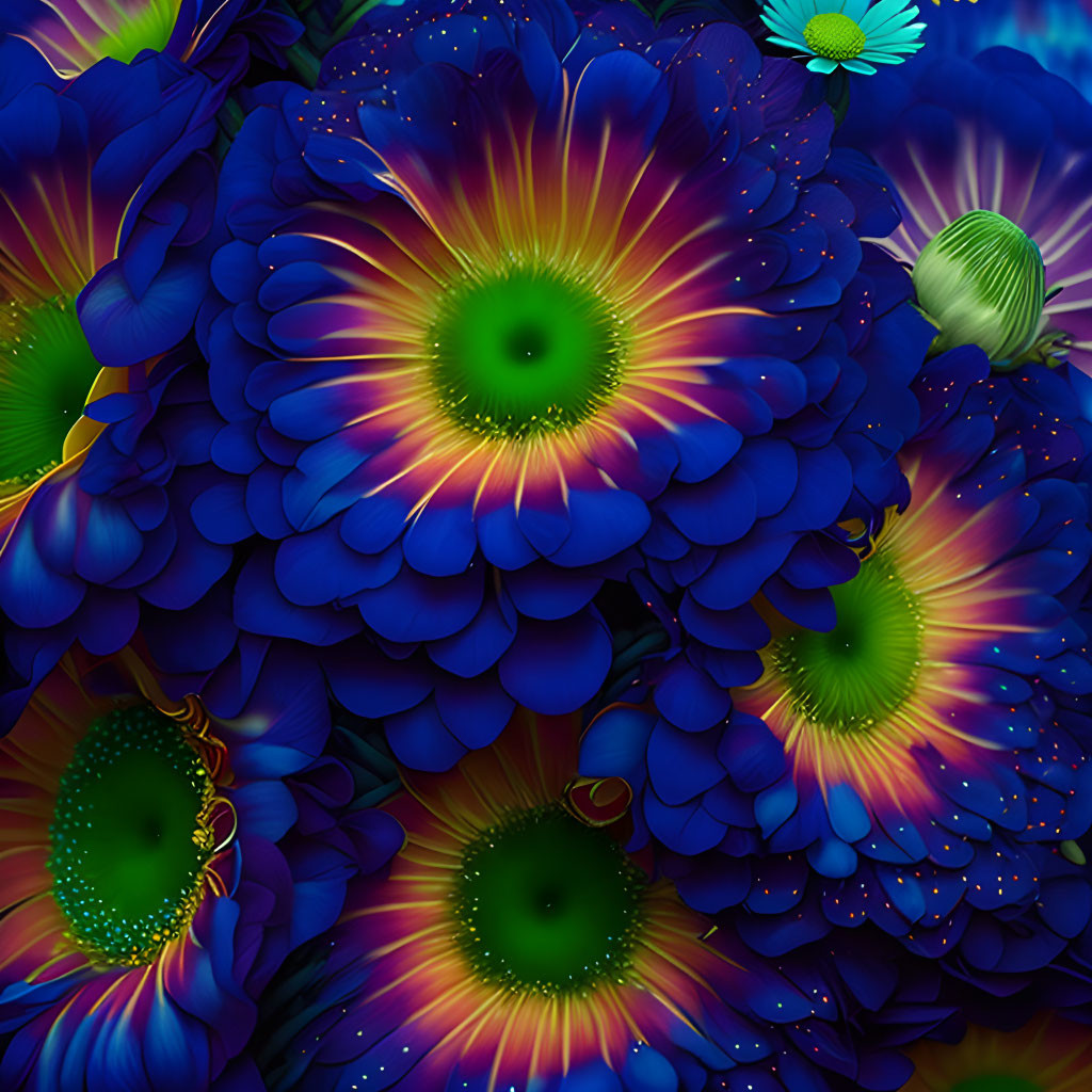 Colorful digital artwork featuring blue and purple flowers with neon green centers