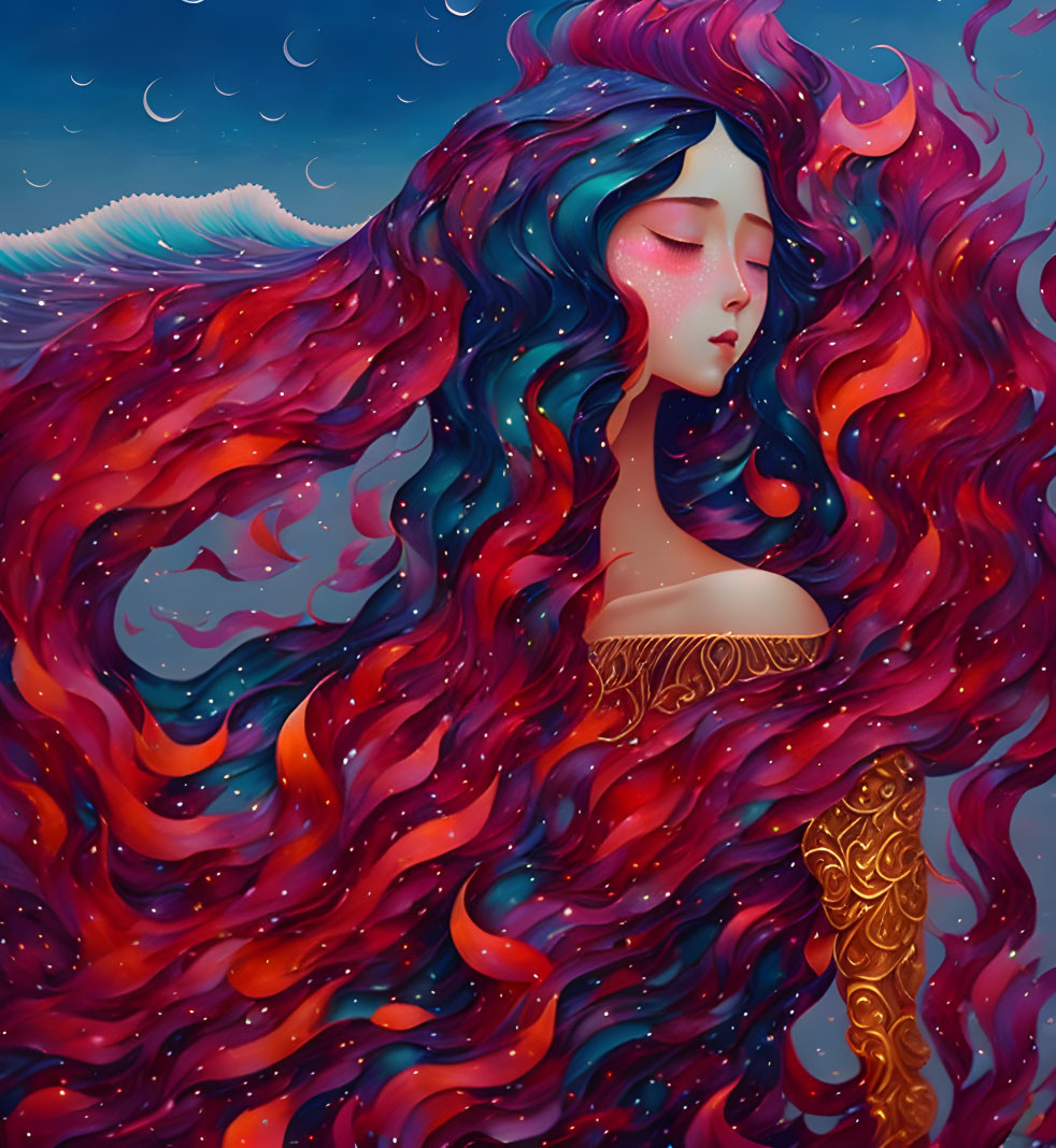 Vibrant Woman Illustration: Blue, Pink, Red Hair & Golden Sleeve