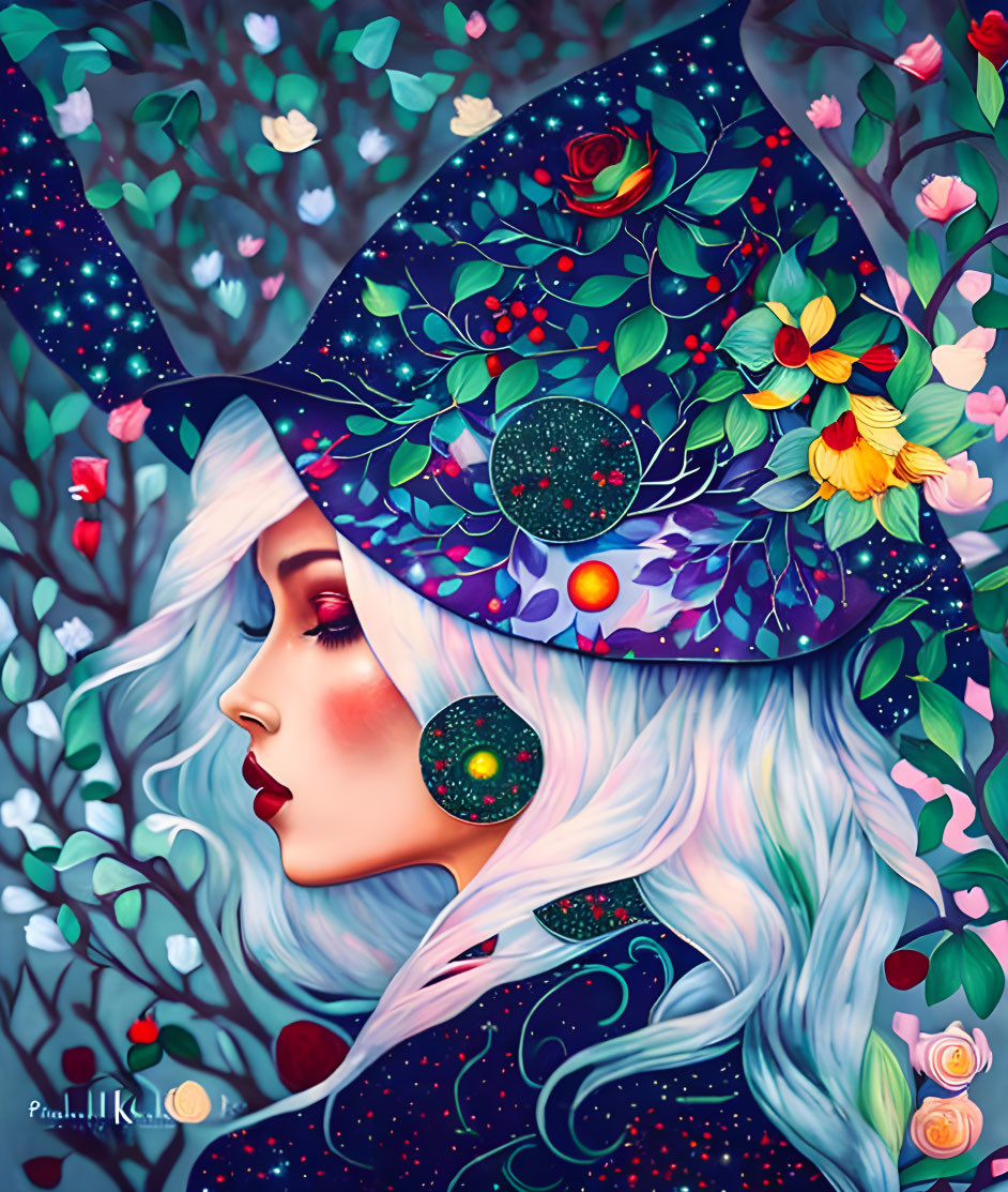 White-haired woman with galaxy witch hat in floral cosmic scene