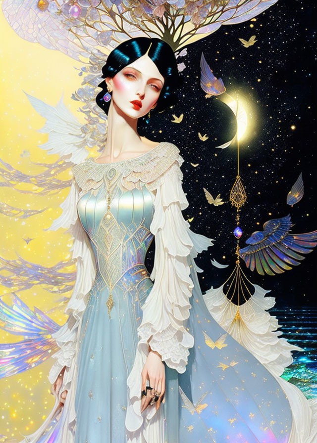 Fantastical gown with celestial motifs and butterflies in ethereal setting