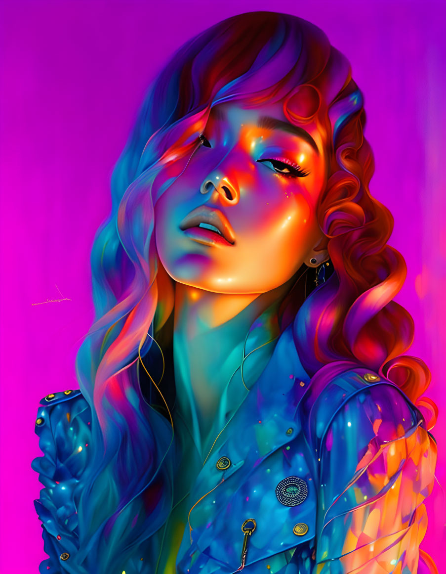 Colorful digital artwork: Woman with curly hair, neon lighting, shimmering jacket