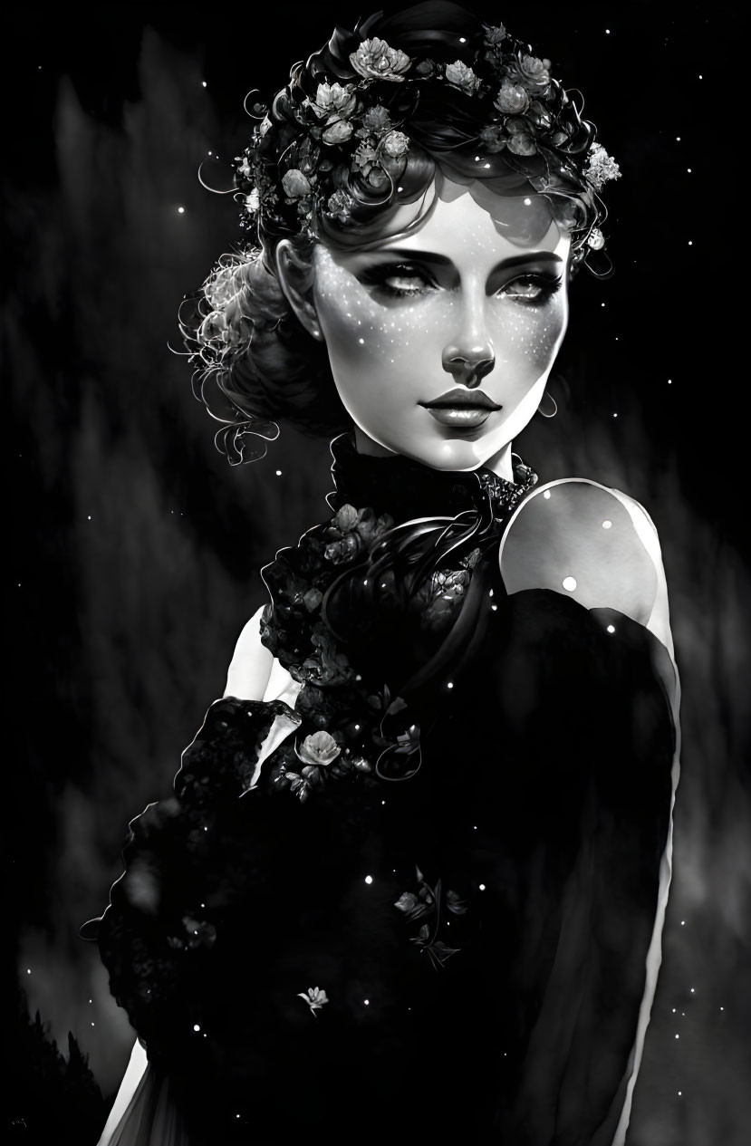 Monochrome digital artwork of a woman with floral elements and glittering skin