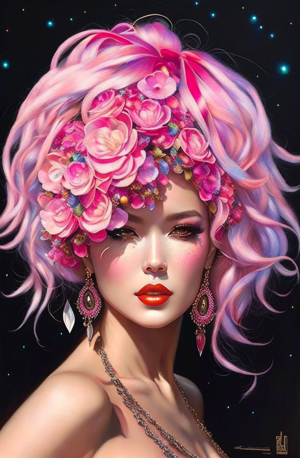 Portrait of Woman with Pink Hair, Floral Hair Accessories, Starry Background, Red Lipstick, D