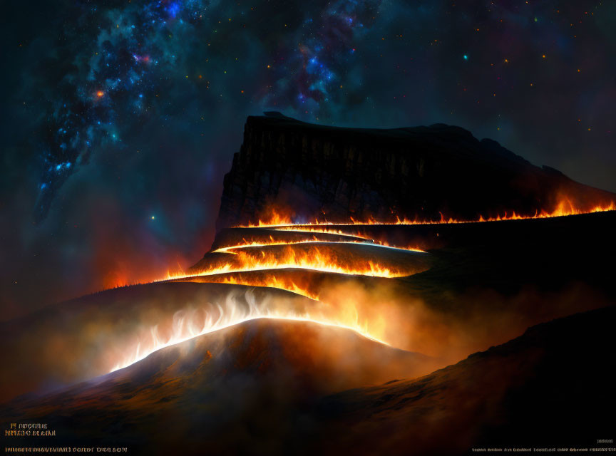 Digital artwork of volcanic landscape at night with flowing lava