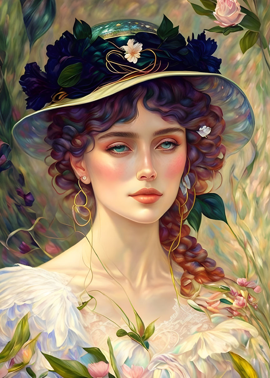 Illustrated portrait of woman with curly hair and floral accessories in lush garden setting.