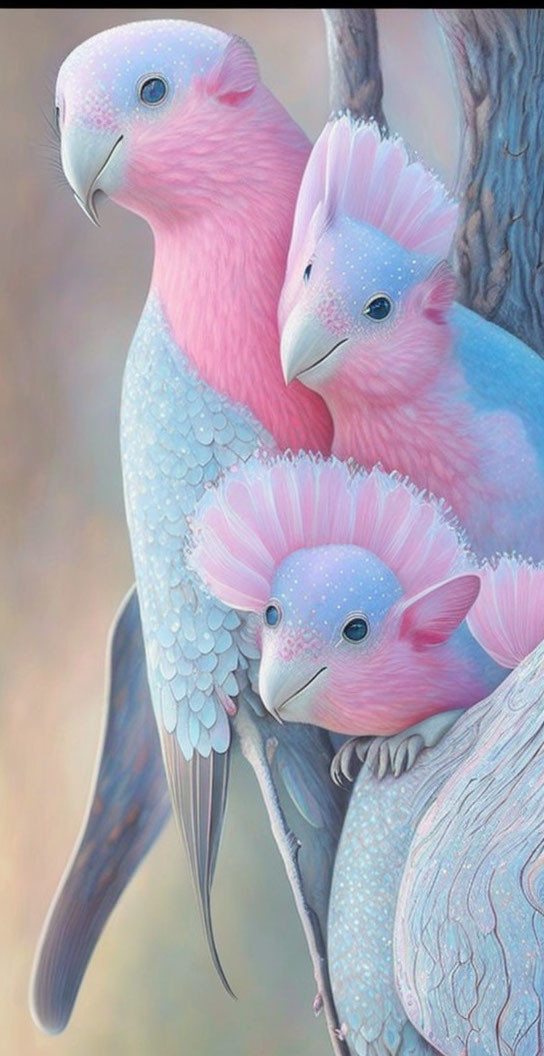 Three Pastel-Colored Birds Perched on Tree Branch