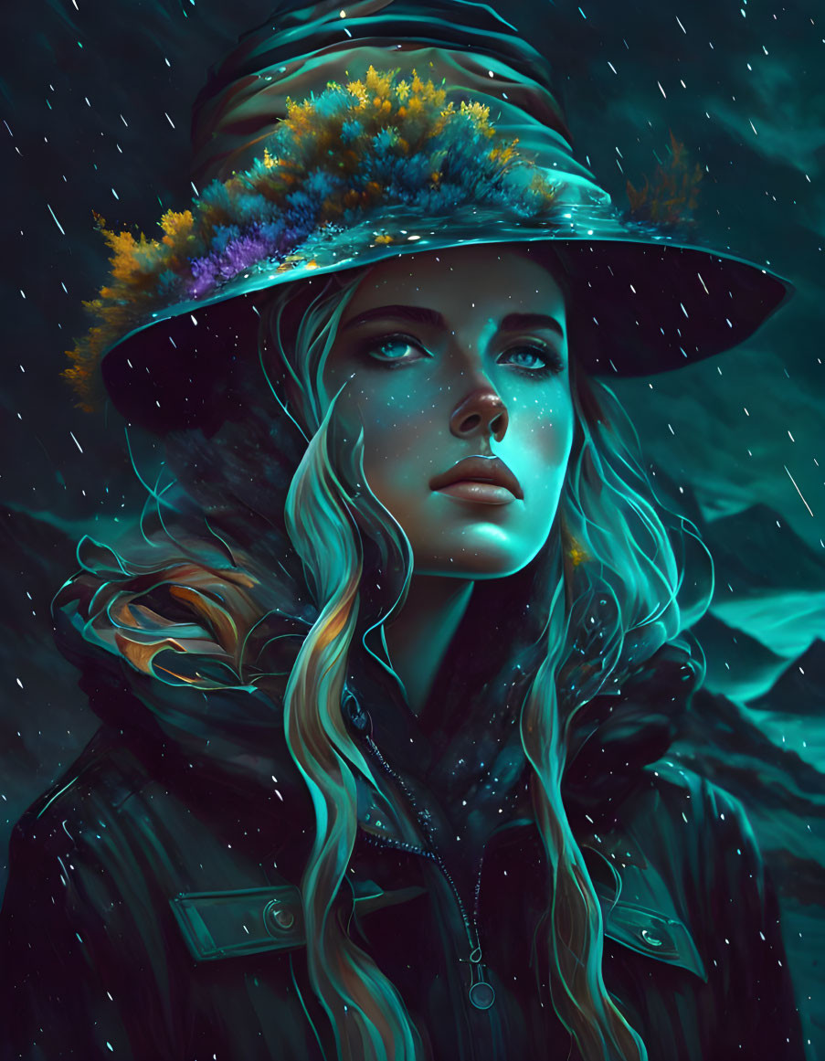 Woman with glowing skin and flower hat in starry night scene