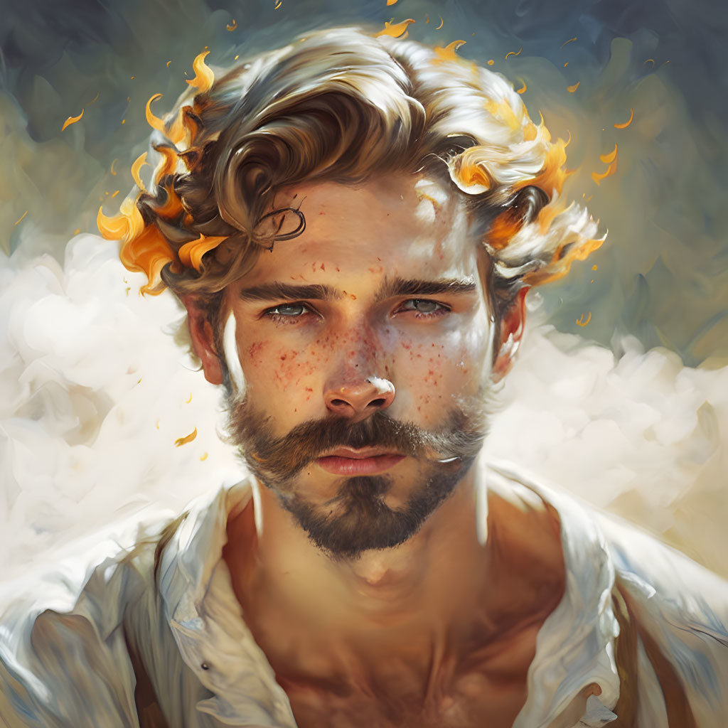 Fiery haired man in digital painting with intense gaze and mystical aura