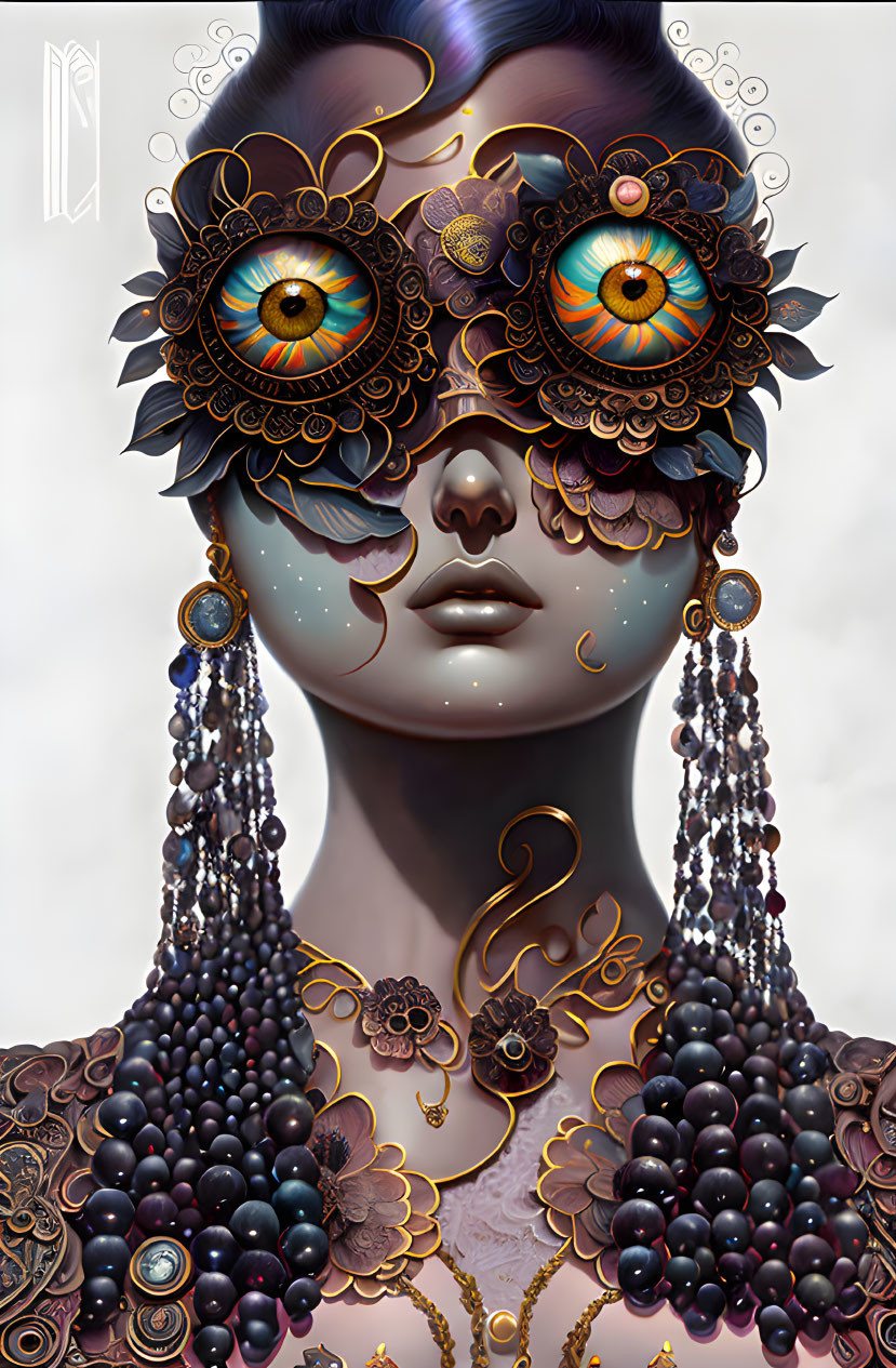 Digital portrait of female figure with steampunk-style mask, gears, eyes, earrings, and tattoos