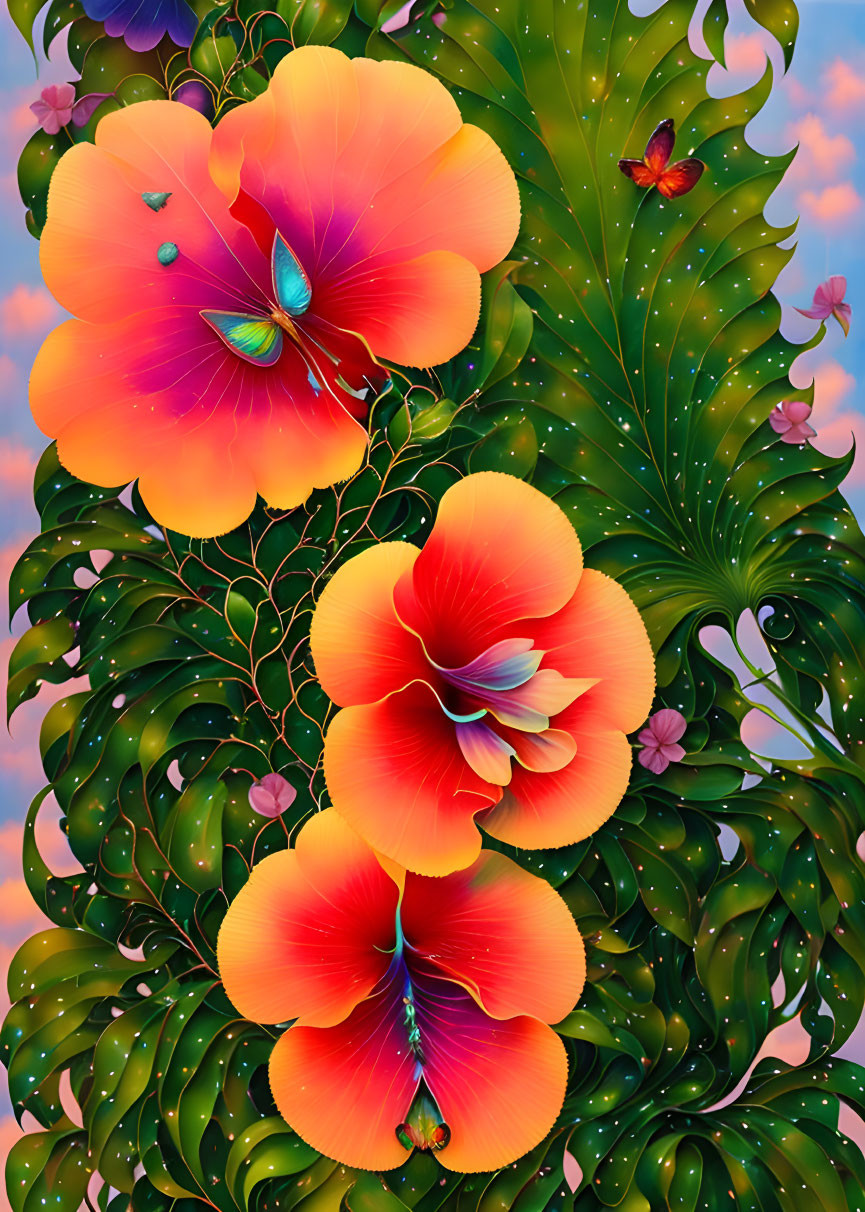 Colorful digital art: oversized orange flowers, blue centers, green foliage, butterflies, pink sky.