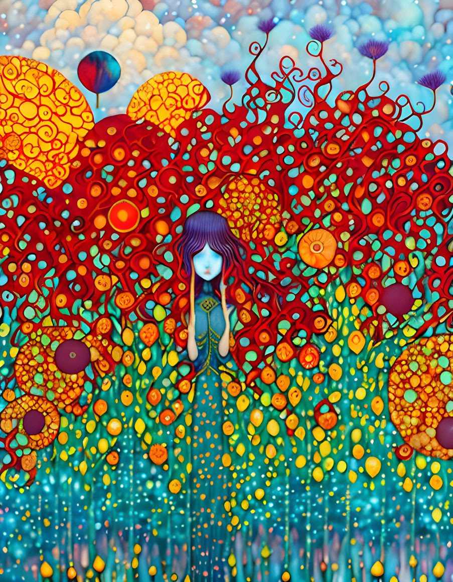 Whimsical illustration of girl with blue skin and red hair in vibrant, dreamlike scene