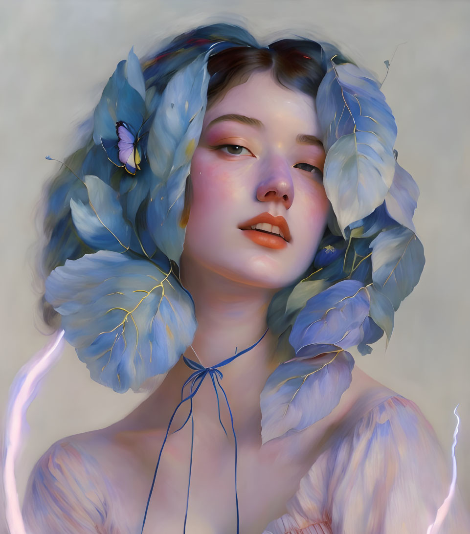 Digital portrait of woman with blue petals & butterfly, serene nature theme