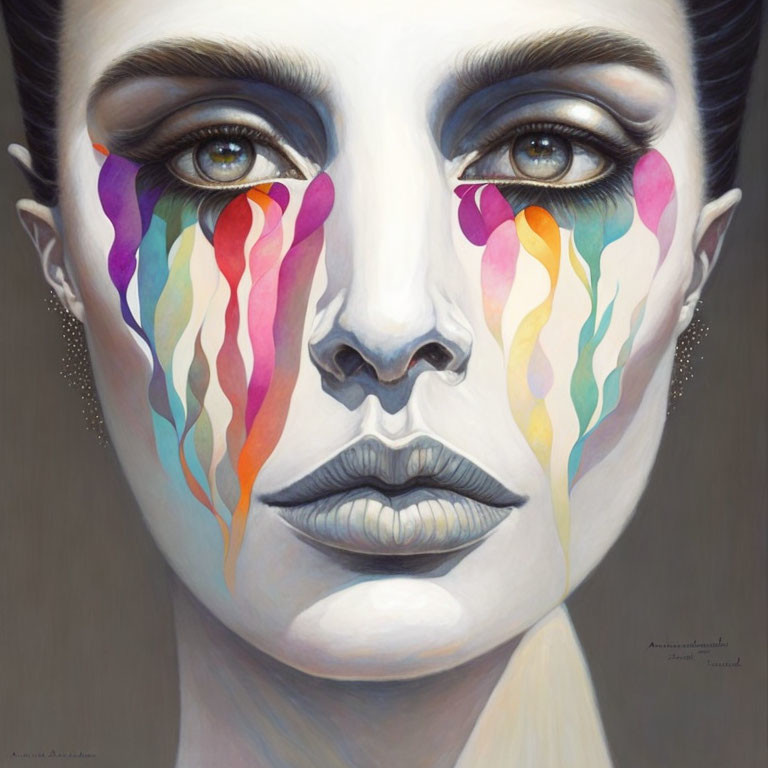 Symmetrical portrait of woman with colorful tears and detailed facial features