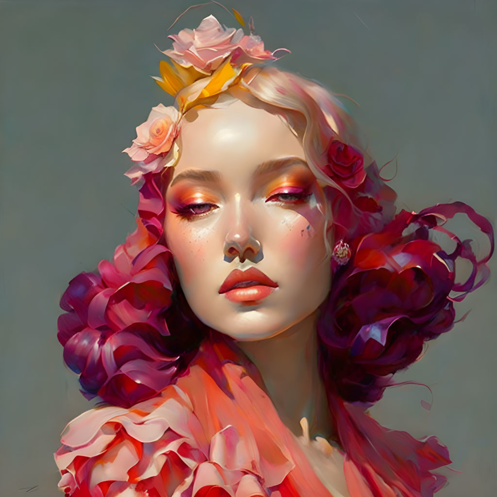 Digital painting: Woman with pink curly hair, floral crown, dreamy expression