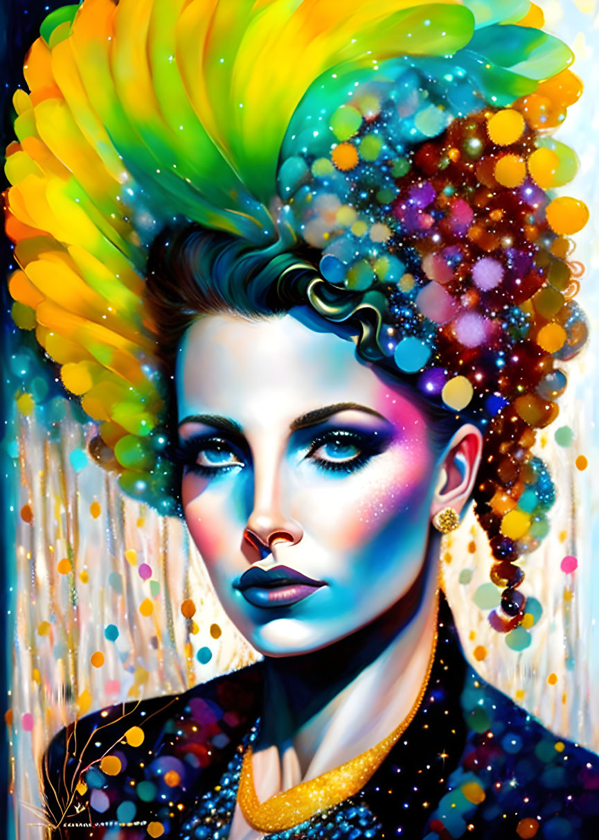 Colorful portrait of a woman with flowing multicolored hair and sparkling adornments.