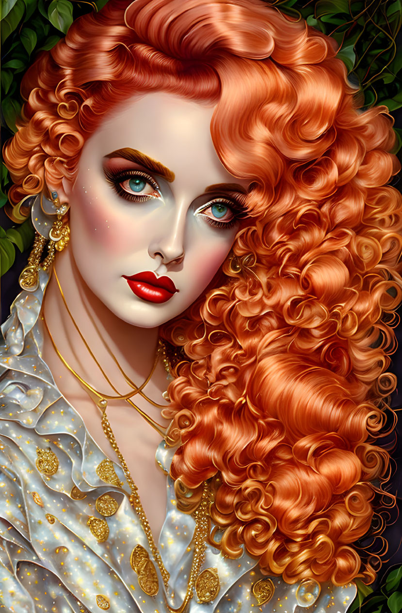 Vibrant red curly hair woman with blue eyes in gold jewelry and white outfit