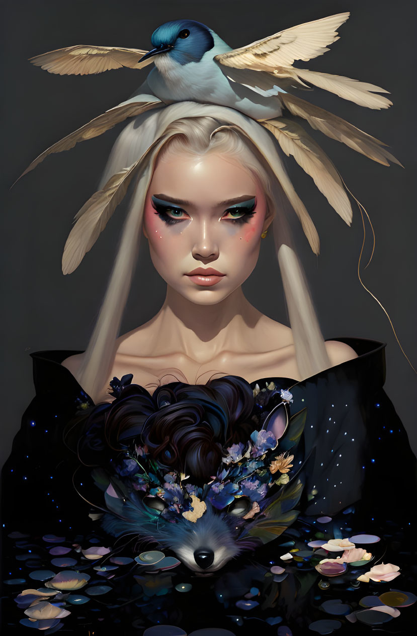 Digital artwork: Woman with pale skin, blond hair, floral neckpiece, bird on head