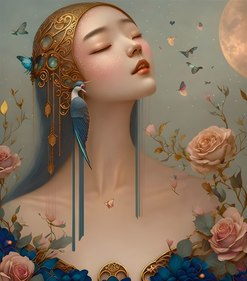 Illustration of woman with gold headpieces, butterflies, roses, and pale moon