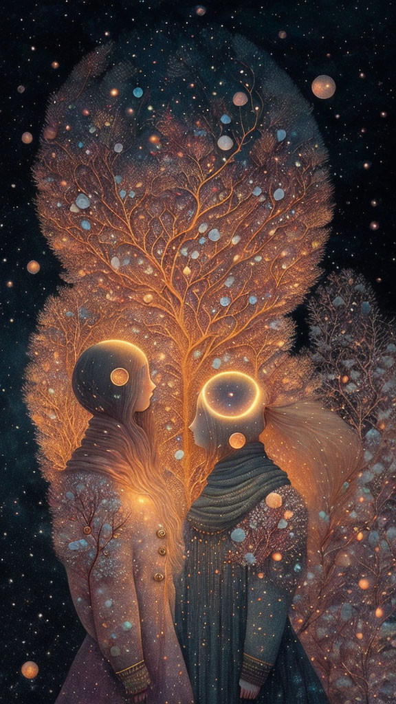 Silhouetted figures with halos admire cosmic tree under starry night
