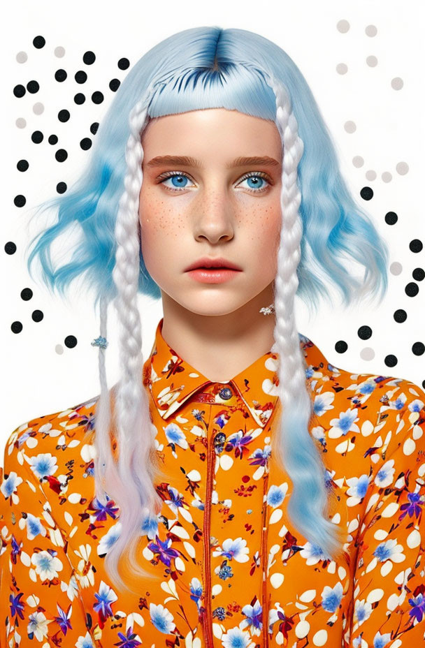 Blue-haired person in orange floral shirt with freckles on white background with black circles